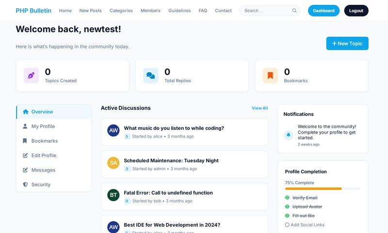 Member Dashboard forum script php